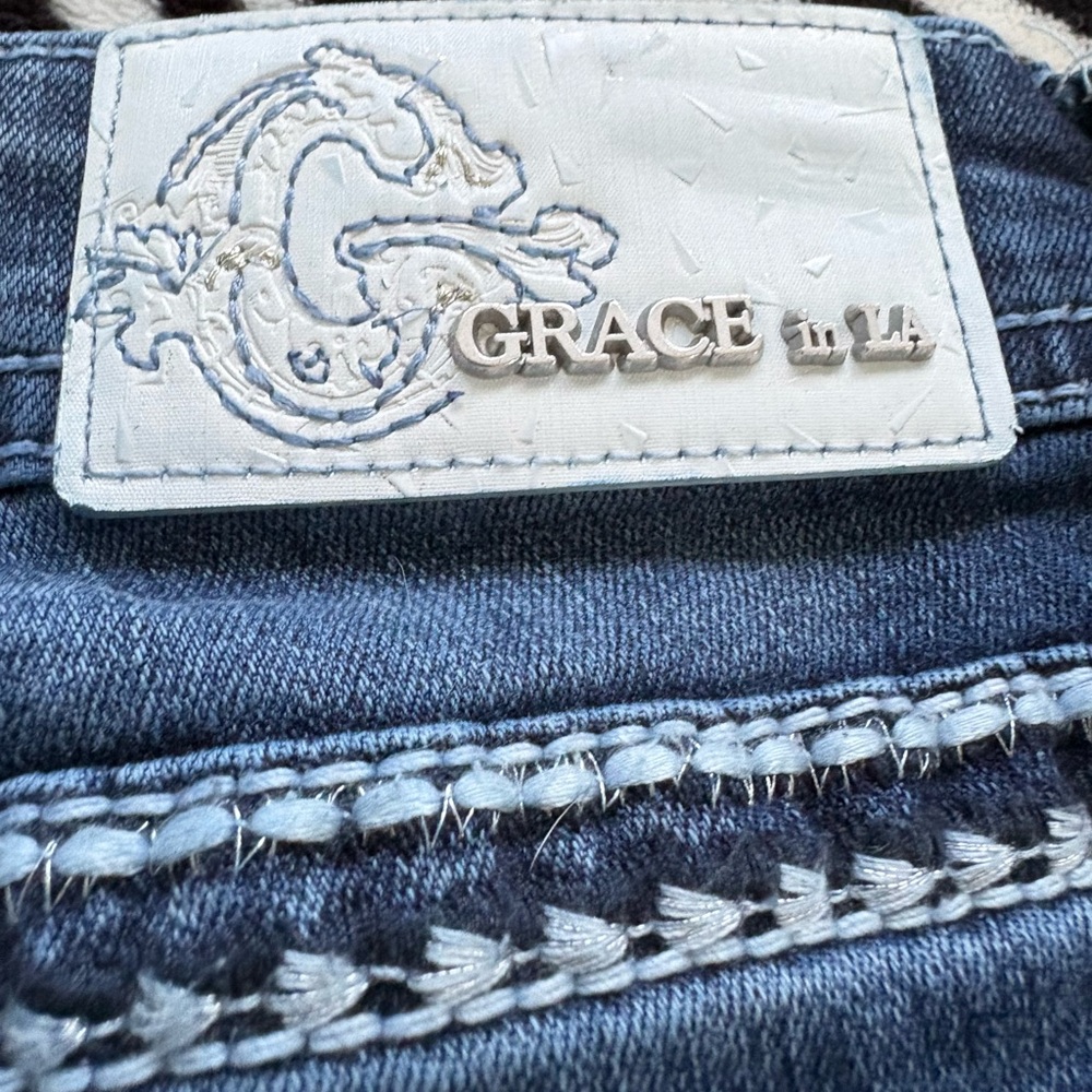 Grace In LA Size 26 Denim Boot Cut Jeans Embellished Cross Pockets Rhinestones - Picture 4 of 6